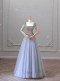 Gray One Neck Long Sleeve Beaded Tulle A-Line Long Evening Dresses HZ1024