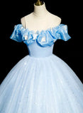 Beautiful Light Blue Tulle Off Shoulder Sweet 16 Dress, Light Blue Formal Dress HZ1024