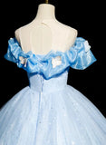 Beautiful Light Blue Tulle Off Shoulder Sweet 16 Dress, Light Blue Formal Dress HZ1024