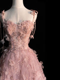 Pink A-Line Spaghetti Strap Tulle Long Evening Dresses HZ1024