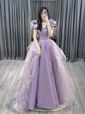 Purple A-line Short Sleeve Straplessable Satin Tulle Long Evening Dress HZ1024