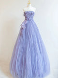 Charming Purple A-Line Strapless Sleeveless Organza Long Evening Dresses HZ1024