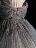 Gray A-Line Trailing Strapless Heart Neck Thin Floor Length Evening Gowns HZ1024