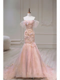 Pink Mermaid Sheath Strapless Tulle Floor Length Evening Dresses HZ1024