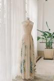 Champagne A-Line Neckline Sleeveless Tulle Long Evening Dresses HZ1024
