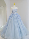 Blue A-line Sheath Strapless Ruffle Tulle Long Evening Dresses HZ1024