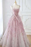 Pale Pink A-Line Spaghetti Strap Tulle Printed Long Evening Dresses HZ1024