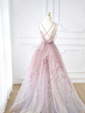 Pale Pink A-Line Spaghetti Strap Tulle Printed Long Evening Dresses HZ1024