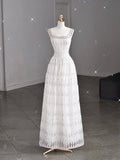 White A-line Spaghetti Straps Sleeveless Tulle Long Simple Evening Dresses HZ1024
