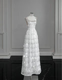 White A-line Spaghetti Straps Sleeveless Tulle Long Simple Evening Dresses HZ1024