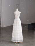 White A-line Spaghetti Straps Sleeveless Tulle Long Simple Evening Dresses HZ1024