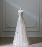 Champagne A-line Printed Heart Neck Strapless Tulle Long Evening Dresses HZ1024