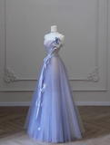 Purple A-Line Spaghetti Straps 3D Flower Tulle Long Prom Dresses HZ1024