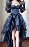 Blue High Low Cardi Neck Long Sleeve Prom Dresses HZ1024