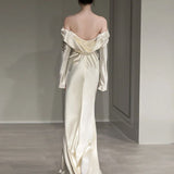 Elegant White Sheath Long Sleeve Satin Formal Long Prom Dresses HZ1024