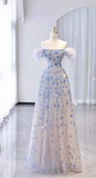 Blue A Line Strapless Printed Beaded Long Prom Dresses HZ1024