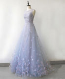 Simple Blue Gray Tulle 3D Lace Applique Long A Line Prom Dress HZ1024