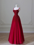 Red A-Line Spaghetti Straps Bright Beaded Tulle Long Prom Dresses HZ1024