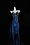 Navy A-Line Hanging Neck Satin Split Long Prom Dresses HZ1024
