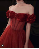 Burgundy A-Line Strapless Tulle Sequins Floor Length Prom Dresses HZ1024