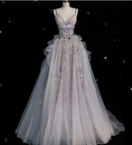 Gray A-Line Spaghetti Strap Tulle Floral Long Prom Dresses HZ1024