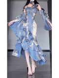 Chic Tailored Spaghetti Straps Blue 3D Flower Long Gowns HZ1024