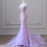 Strapless Purple Mermaid Glitter Tulle Floor Length Ball Gowns HZ1024