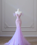 Strapless Purple Mermaid Glitter Tulle Floor Length Ball Gowns HZ1024