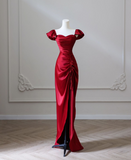 Red Mermaid Sleeveless Satin High Waisted Split Long Prom Dresses HZ1024