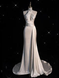 Ivory A-Line Neckline Strapless Simple Satin Long Formal Prom Dresses HZ1024