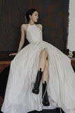 Ivory Satin Neckline High Slit Long Ball Gowns HZ1024