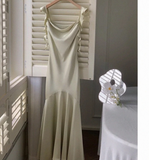 Green Slim Spaghetti Strap Satin Ankle Length Dress HZ1024