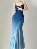 Gradient Blue Mermaid Spaghetti Strap Simple Ankle Length Prom Dresses HZ1024