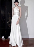 Vintage Ivory Halter Dress Design Simple A-Line Satin Long Evening Gown Prom Dress HZ1024