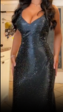 Sexy Black Mermaid V-Neck Spaghetti Strap Glitter Long Prom Dresses HZ1024