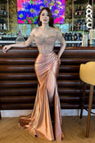 Pink Strapless Sparkling Mermaid Satin High Split Floor Length Ball Gowns HZ1024