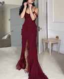 Burgundy Strapless Straps Multi Layered Ruffle Split Long Dress HZ1024