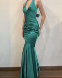Green Mermaid Neckline Strapless Simple Satin Long Prom Dresses HZ1024