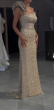 Ivory One Shoulder Pearl Bodycon Long Ball Gown HZ1024