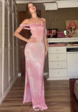 Sweet pink off-the-shoulder sequined slit mermaid long ball gown HZ1024