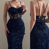 Vintage Mermaid Navy Spaghetti Strap Lace Ballgown HZ1024