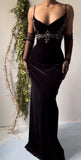 Black spaghetti strap mermaid velvet long ball gown HZ1024