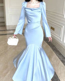 Blue square neck long sleeve mermaid satin long evening dress HZ1024