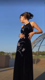 Vintage Navy Mermaid Embroidery Round Neck Off Shoulder Velvet Dress HZ1024