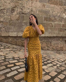 Special Yellow V-neck Lace Short Sleeve Mermaid Evening Dress Prom Dress HZ1024