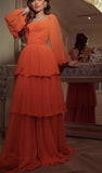 Orange A-line Long Sleeve Layered Tulle Maxi Ball Gown Evening Dress HZ1024