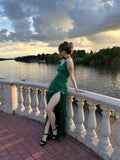 Green V-neck satin straps high slit sexy long dress HZ1024