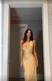 Yellow mermaid low-cut sleeveless backless satin long ball gown evening dress HZ1024