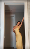 Yellow mermaid low-cut sleeveless backless satin long ball gown evening dress HZ1024