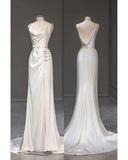 Ivory White Simple Strap Backless Satin Wedding Dress HZ1024